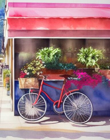 A painting of bicycle placed in front of a flower shop