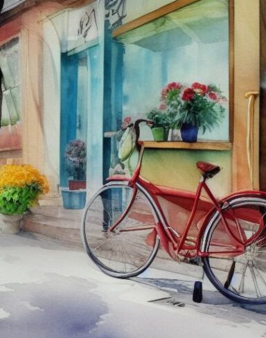 A painting of bicycle placed in front of a flower shop