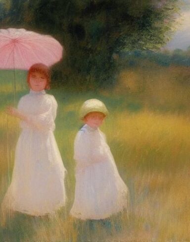 A painting of children in a field
