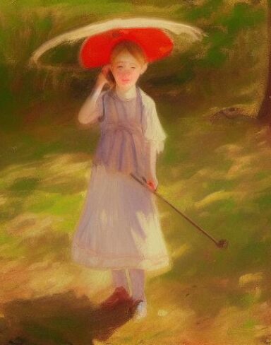 A painting of children in a forest