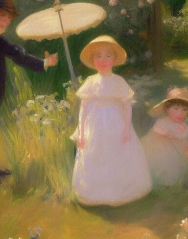 A painting of children in a garden