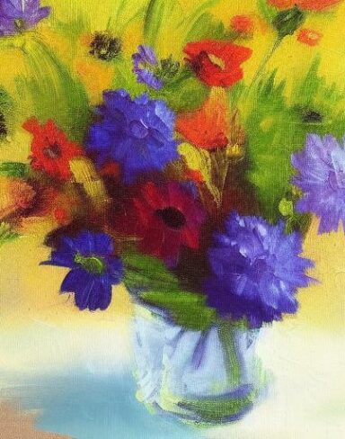 A painting of colorful flowers in a vase