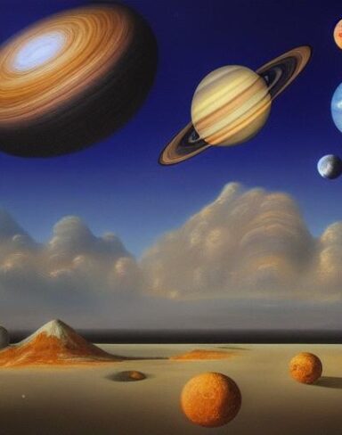 A painting of different planets in space