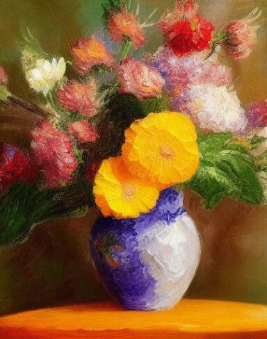A painting of flowers in a vase on the table