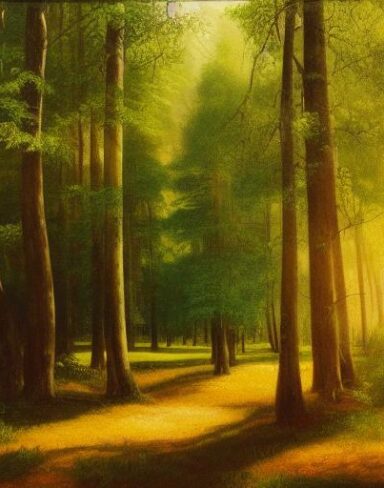 A painting of lots of green trees in a forest