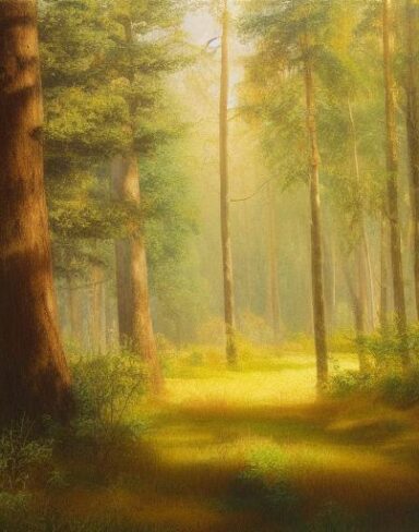 A painting of many trees and grass in a forest