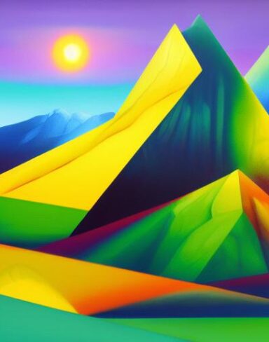 A painting of mountain with rainbow in the background