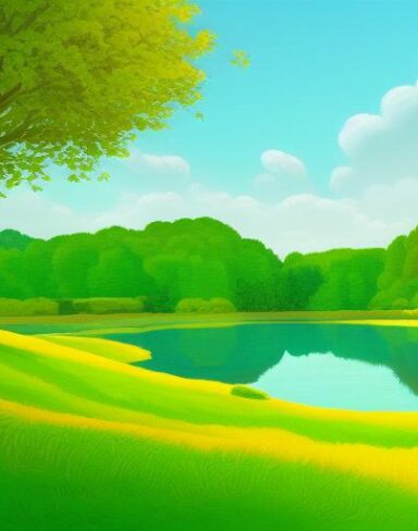 A painting of natural landscape with a lake