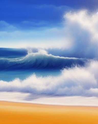 A painting of sea wave and a beach