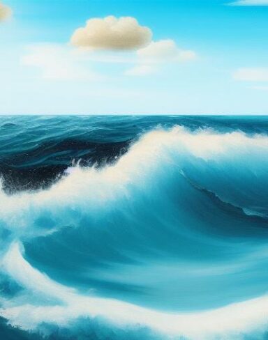 A painting of sea waves and sky