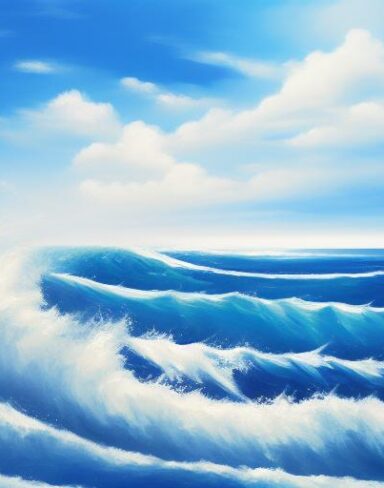 A painting of sea waves and sky