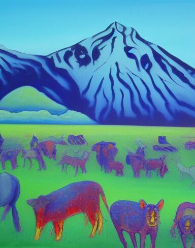 A painting of some animals in the field