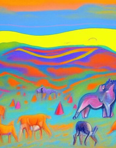A painting of some animals in the field