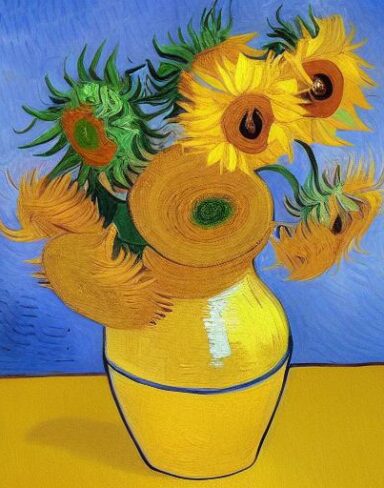 A painting of sunflowers against a blue sky