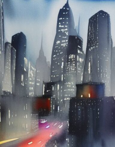 A painting of the city and buildings at night