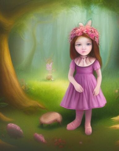 A painting of the little girl standing in a forest