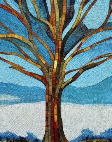 A painting of tree with sky in the background