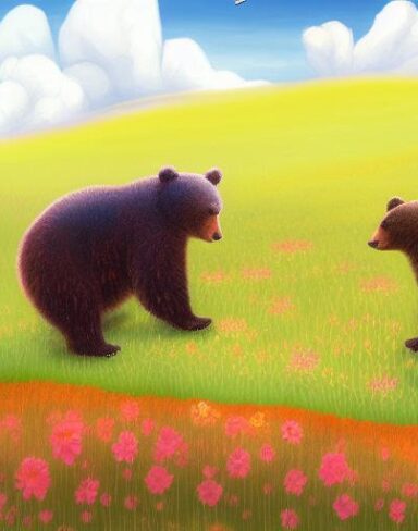 A painting of two bears in a field of flowers