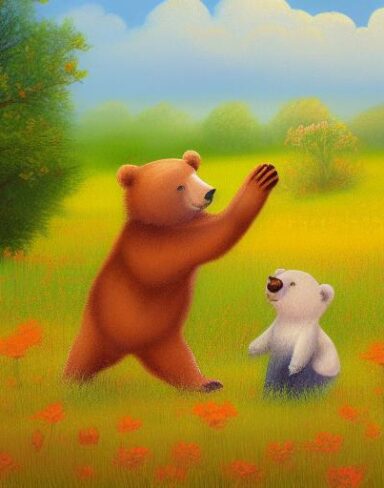 A painting of two bears in flowers field