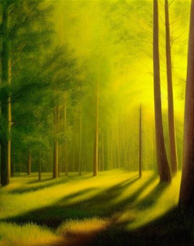 A painting of various tall and green trees in a forest with grassland