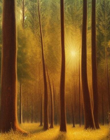 A painting of various tall trees in a forest