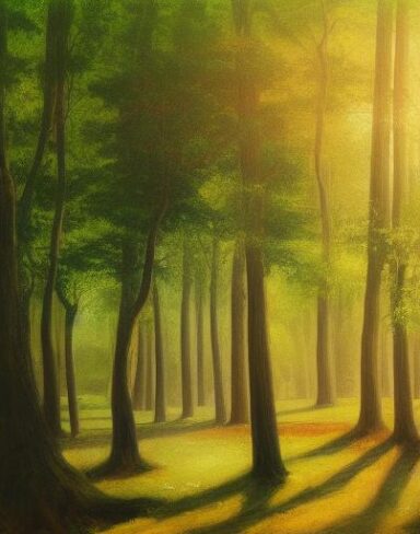A painting of various trees in a forest