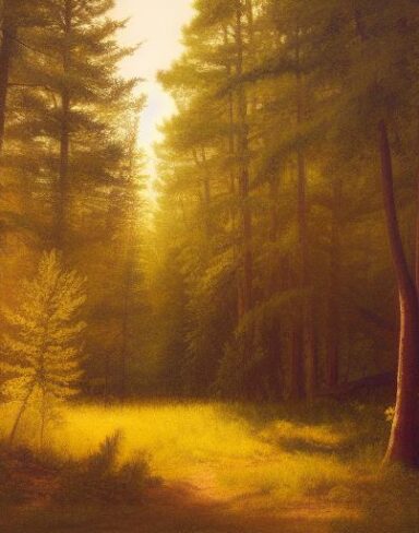 A painting of various trees in a forest