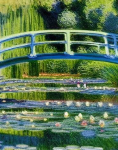 A painting of water lilies in a pond of water