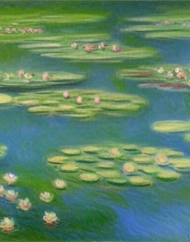 A painting of water lilies in a pond of water