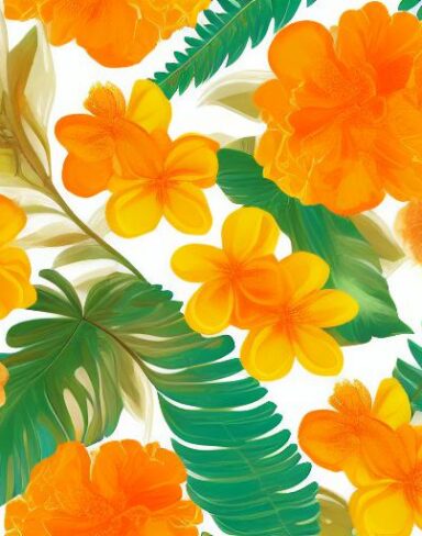 A painting of yellow and orange floral on a white background