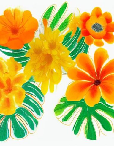 A painting of yellow and orange flowers on a white background
