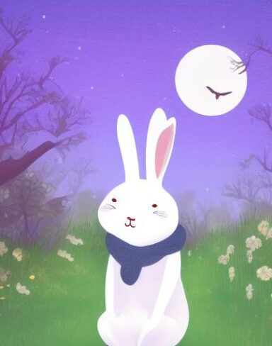 A peaceful white rabbit sitting under the moonlight in the middle of a forest