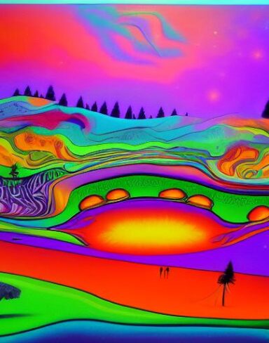 A psychedelic art painting of some animals in the field