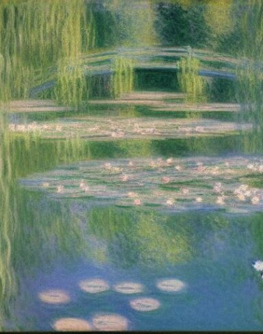 A romantic painting of a woman standing near a pond filled with water lilies