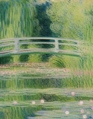 A romantic painting of a woman standing near a pond filled with water lilies