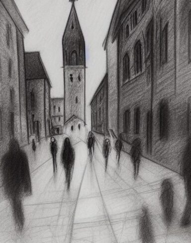 A rough black and white drawing of a city and church a day with many people on street