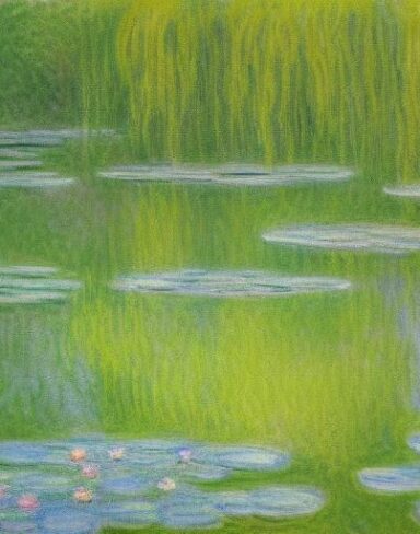 A serene painting of a pond filled with water lilies