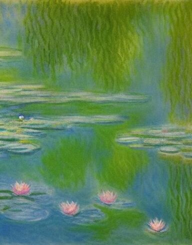 A serene painting of a pond filled with water lilies with many gold fish