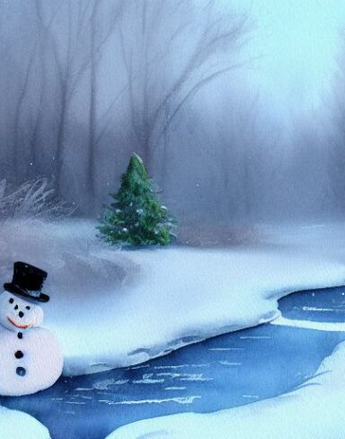 A soft watercolor painting of snow-covered trees and a stream and snowman