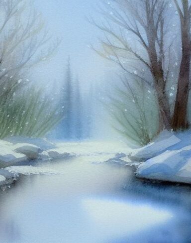 A soft watercolor painting of snow-covered trees and a stream with fairies
