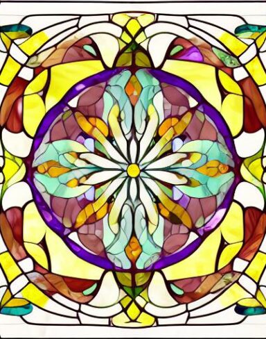 A stained glass picture of abstract flower patterns