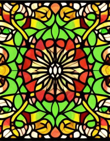 A stained glass picture of flower patterns