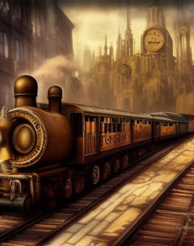 A steampunk train traveling through a city