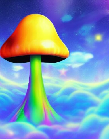 A toxic mushroom on a cloud with stars in the background