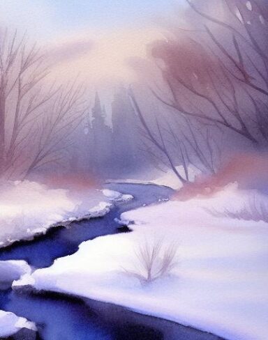 A tranquil watercolor painting of snow-covered trees and a stream