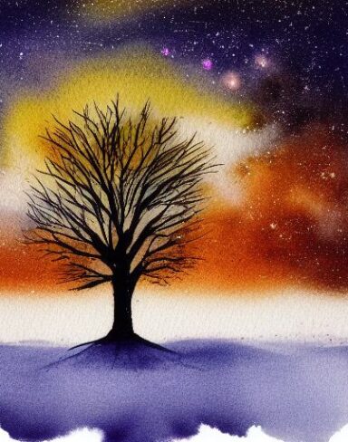 A watercolor of a tree silhouette drawing in the sky at night