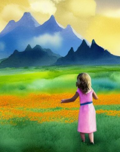 A watercolor painting of a field of marigolds with a mountain in the background