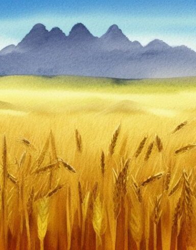 A watercolor painting of a field of wheat with small children running