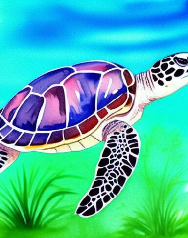 A watercolor painting of a sea turtle by Jennifer Janesko