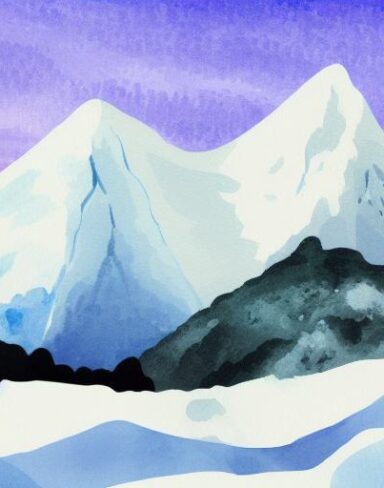 A watercolor painting of a snow mountain inspired by Charles E. Burchfield